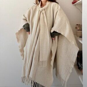 Natural Cream WOOL CAPE PONCHO Tie Scarf Neck Fringe One Size Fits Most